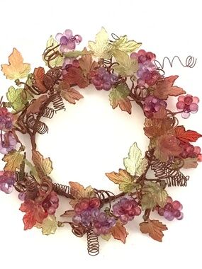 Candle Ring Wreath Centerpiece Autumn Leaves Fall Grapes Holiday